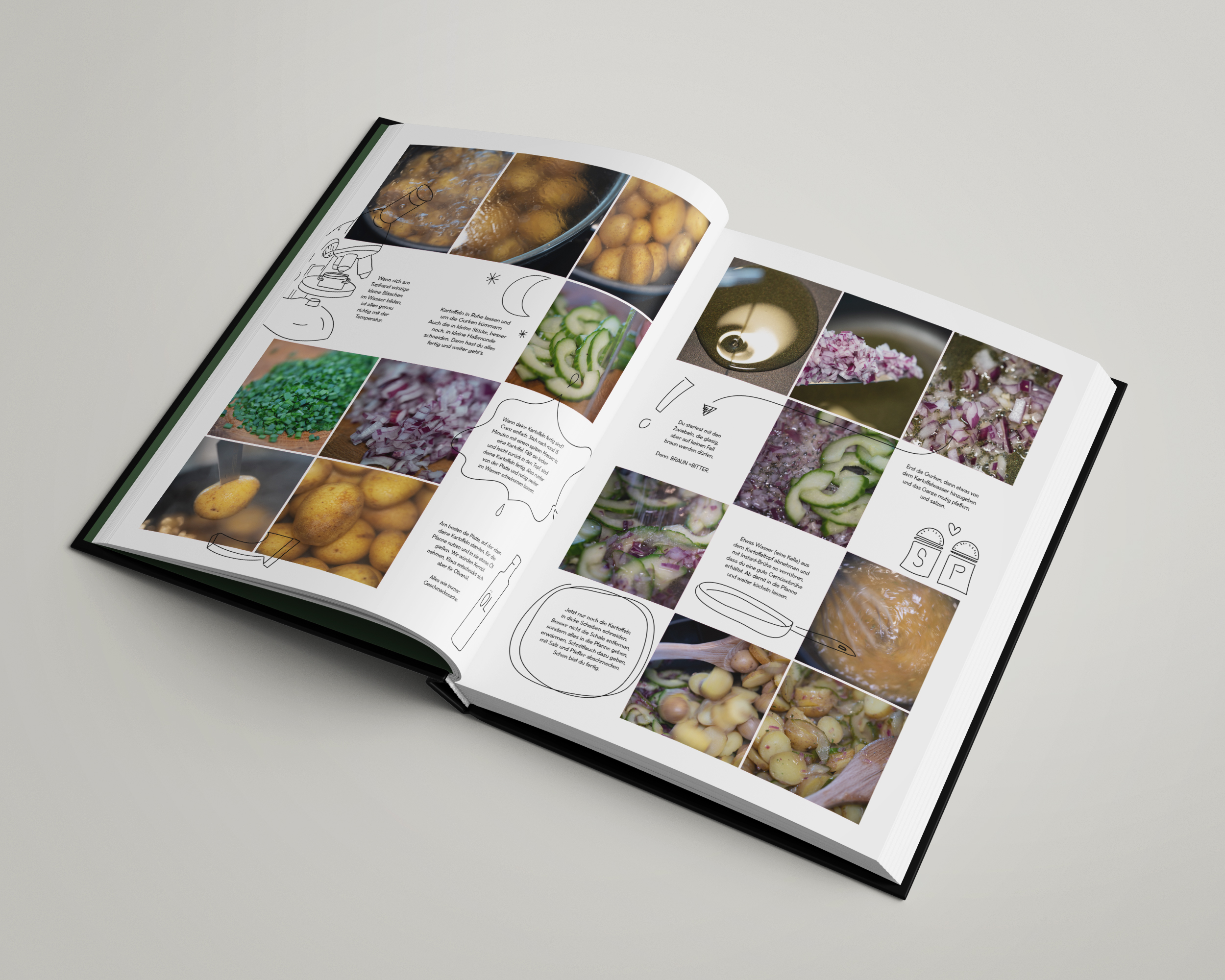 Aufgeschlagenes Buch zum Thema Wein mit verschiedenen Illustrationen und Bildern von Weinreben
