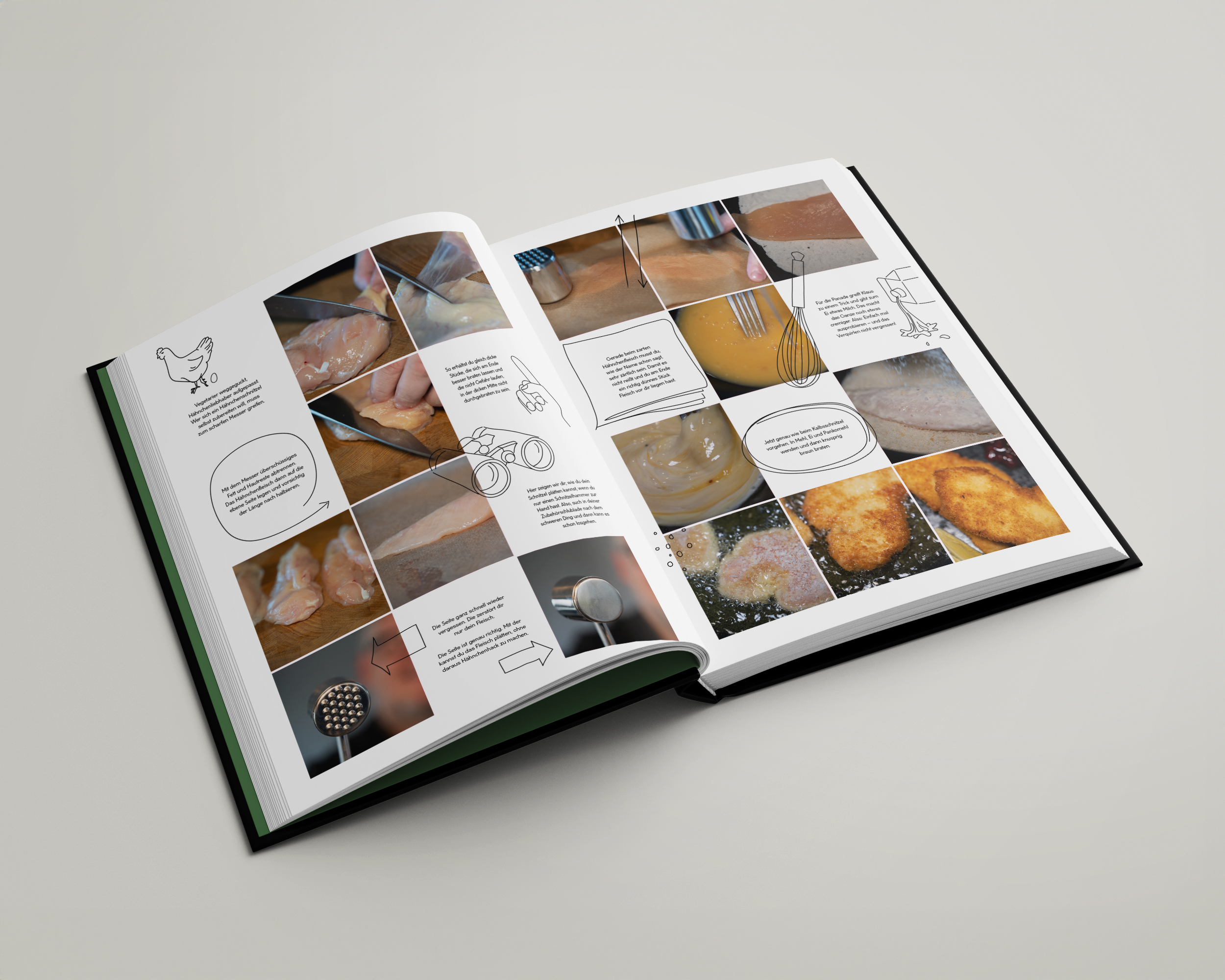 Aufgeschlagenes Buch mit verschiedenen Bildern und Erklärtexten zum kochen mit Wein