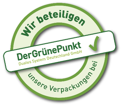 Grafik mit der Aufschrift: "Wir beteiligen unsere Verpackungen bei Der Grüne Punkt"